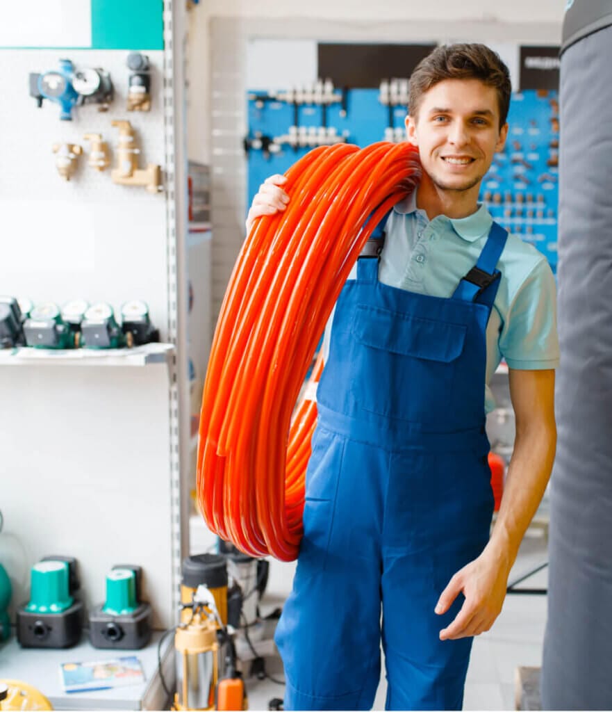 Bărbat ținând o rolă portocalie, unelte de instalații